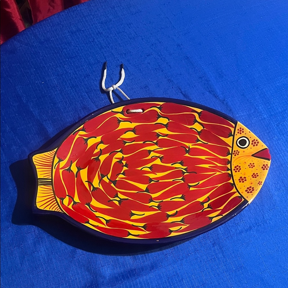 14" Long Fish Plate with Painted Red Chile Peppers - Toluca, Mexico